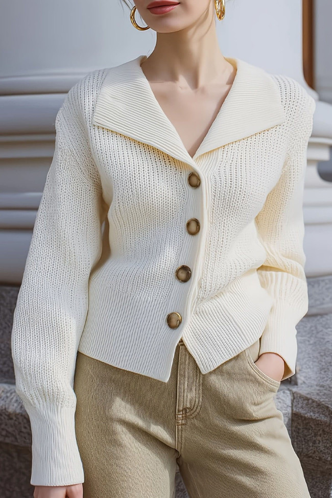 Solid Color Lapel Long Sleeve Cardigan Sweater