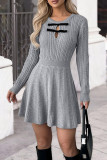 Bow Long Sleeved Waist Cinched Knitted Dress
