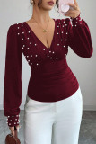 Pearl Solid Color Long Sleeved Slim Fit T-shirt