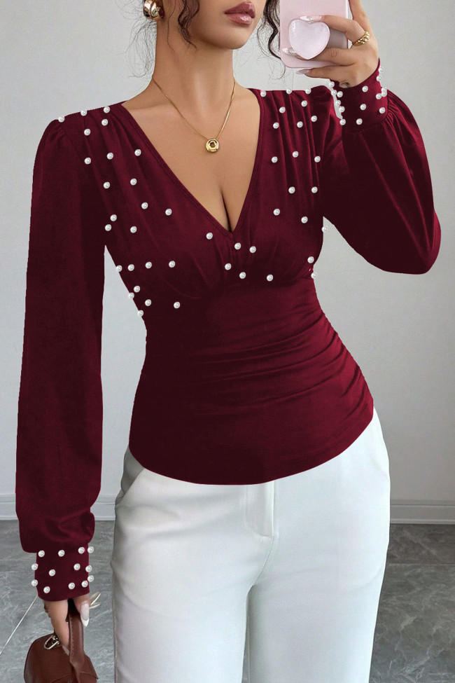 Pearl Solid Color Long Sleeved Slim Fit T-shirt