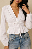 V-neck Ruffled Waist Cinched Long Sleeved Shirt
