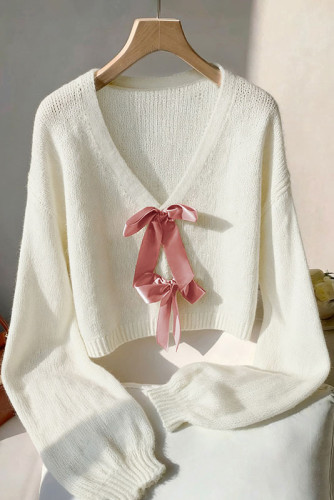 V-neck Bow Long Sleeved Sweater