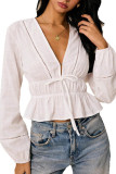 V-neck Ruffled Waist Cinched Long Sleeved Shirt