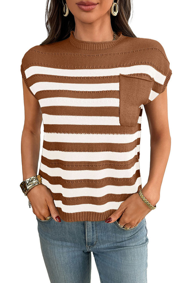 Round Neck Striped Short Sleeved Sweater