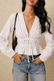V-neck Ruffled Waist Cinched Long Sleeved Shirt