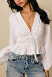 V-neck Ruffled Waist Cinched Long Sleeved Shirt