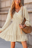 V-Neck Printed Waist Cinching Long Sleeved Dress
