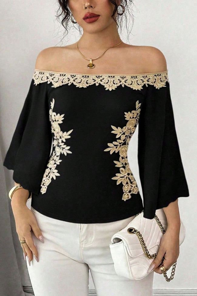 Embroidered Printed One Shoulder Long Sleeved T-shirt