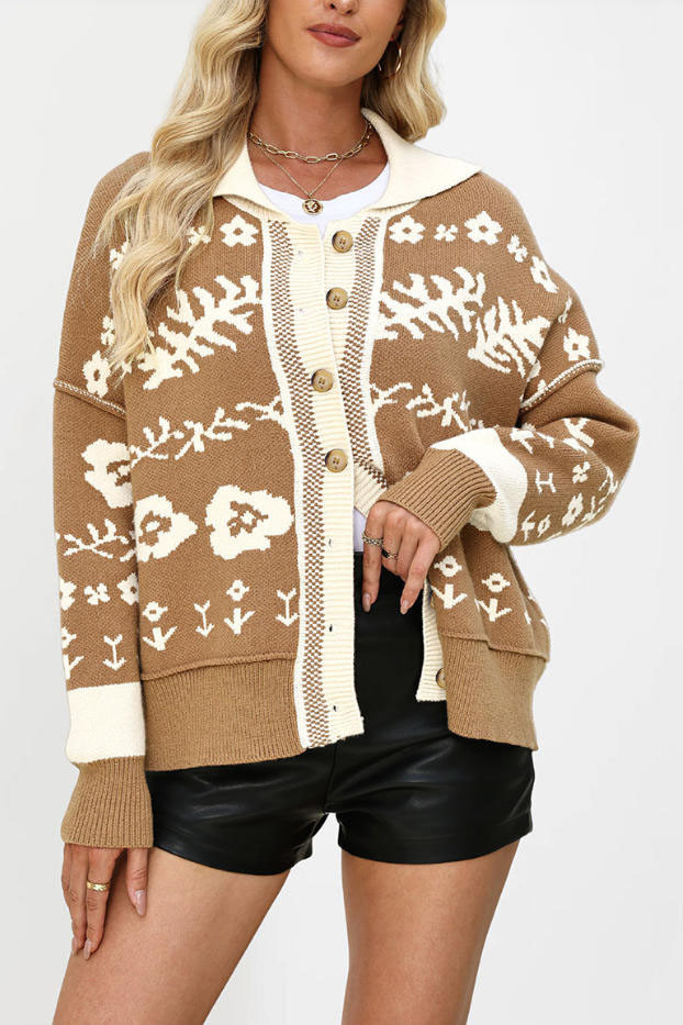 Printed Long Sleeved Cardigan Knitted Jacket