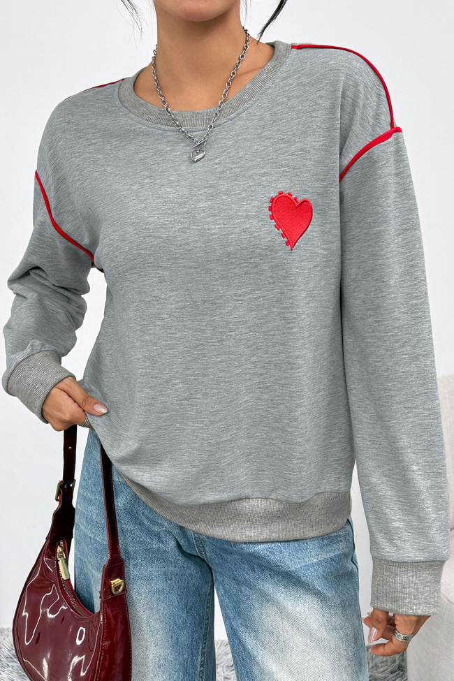 Heart Embroidered Long Sleeved Round Neck Sweatshirt