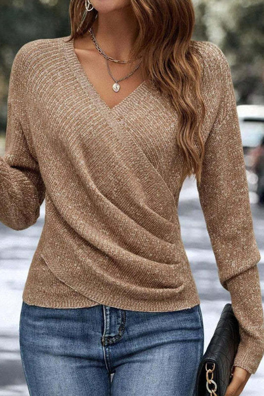 V-neck Long Sleeved Solid Color Knitted Sweater