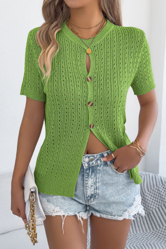 Solid Color Hollow Button Short Sleeved Knitted Sweater