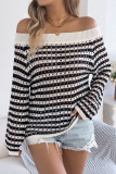 Striped Hollowed Off Shoulder Long Sleeved Sweater