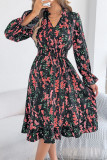 Floral Flared Long Sleeve Waist Cinching Dress
