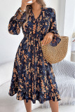 Floral Flared Long Sleeve Waist Cinching Dress