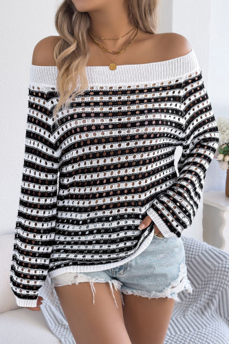 Striped Hollowed Off Shoulder Long Sleeved Sweater