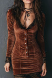  Lace V-neck Long Sleeved Hip Hugging Dress