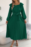 Square Neck Ruffled Long Sleeved Pleated Dress
