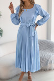 Square Neck Ruffled Long Sleeved Pleated Dress