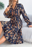 Floral Flared Long Sleeve Waist Cinching Dress