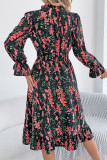 Floral Flared Long Sleeve Waist Cinching Dress