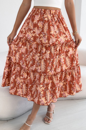 Floral Print Elastic Waist Ruffle Edge Skirt