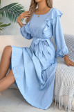 Square Neck Ruffled Long Sleeved Pleated Dress