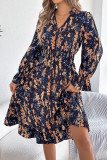 Floral Flared Long Sleeve Waist Cinching Dress