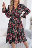 Floral Flared Long Sleeve Waist Cinching Dress