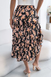 Floral Print Elastic Waist Ruffle Edge Skirt