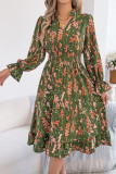 Floral Flared Long Sleeve Waist Cinching Dress