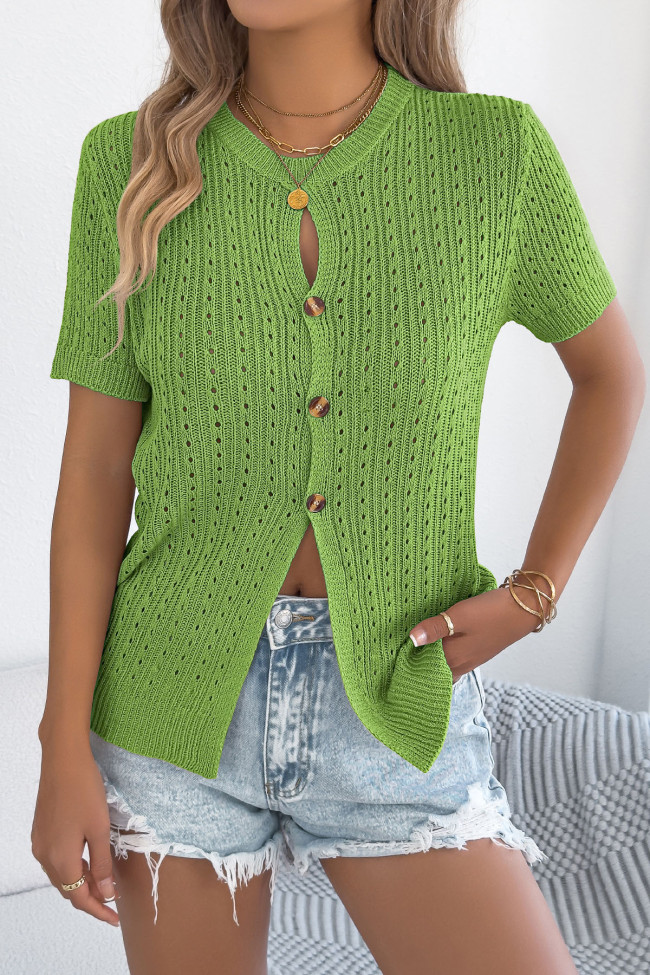 Solid Color Hollow Button Short Sleeved Knitted Sweater