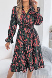 Floral Flared Long Sleeve Waist Cinching Dress