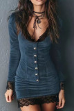  Lace V-neck Long Sleeved Hip Hugging Dress