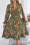Floral Flared Long Sleeve Waist Cinching Dress