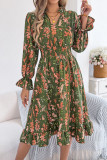 Floral Flared Long Sleeve Waist Cinching Dress