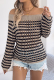 Striped Hollowed Off Shoulder Long Sleeved Sweater