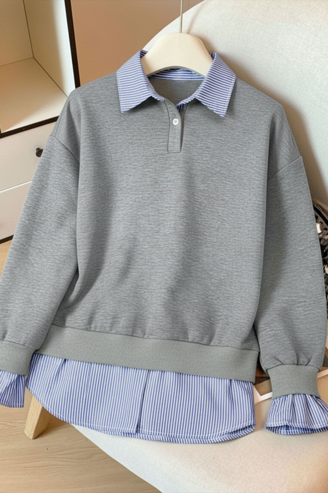 Striped Lapel Fake Two-piece Long Sleeve Hoodie