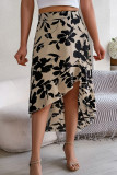 Flower Print Ruffle Edge Irregular Skirt