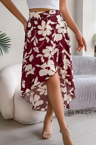 Flower Print Ruffle Edge Irregular Skirt