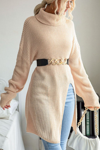 Split High Neck Solid Color Long Sleeve Sweater
