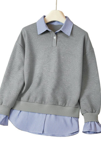 Striped Lapel Fake Two-piece Long Sleeve Hoodie