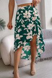 Flower Print Ruffle Edge Irregular Skirt