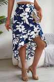 Flower Print Ruffle Edge Irregular Skirt