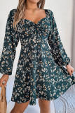 Square Collar Floral Print Long Sleeved Dress