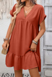 Ruffle V-neck Solid Color Short Sleeved Dress