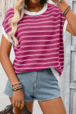 Round Neck Knitted Short Sleeved Striped Sweater