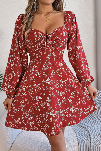 Square Collar Floral Print Long Sleeved Dress
