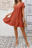 Ruffle V-neck Solid Color Short Sleeved Dress