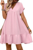 Ruffle V-neck Solid Color Short Sleeved Dress